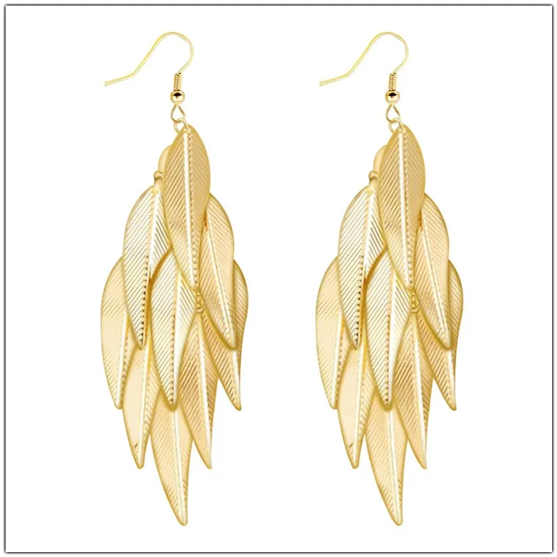 Oversized Gold Feather Tassel Earrings, Chandelier Dangle Bohemian Fashion Statement Layered Earrings