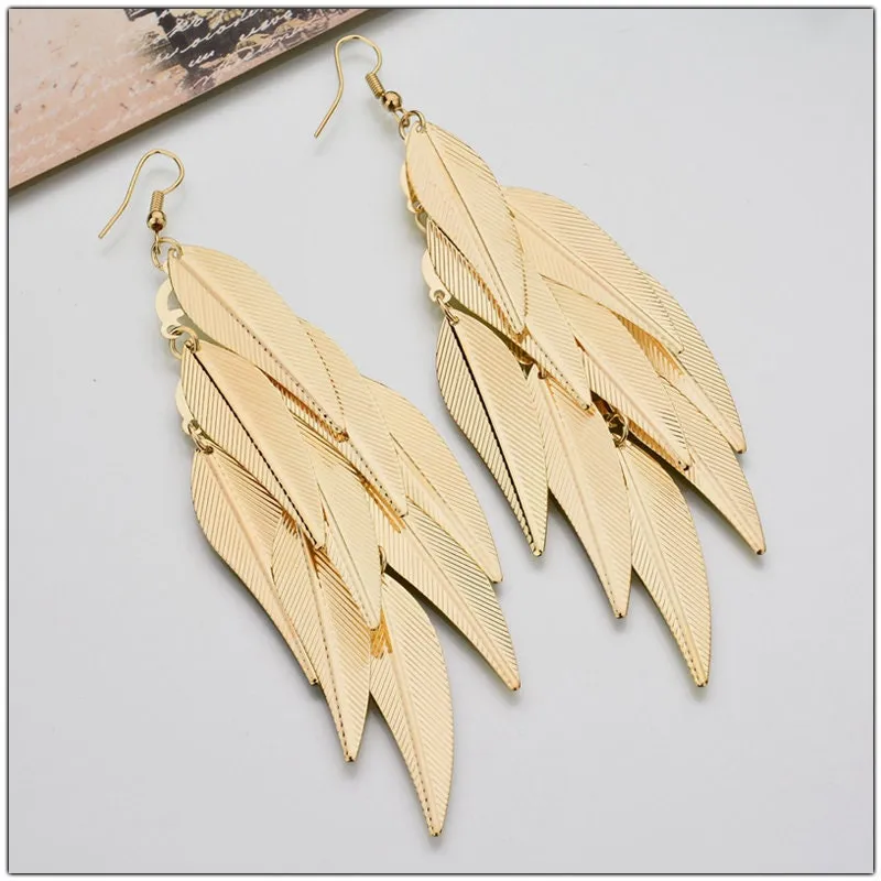 Oversized Gold Feather Tassel Earrings, Chandelier Dangle Bohemian Fashion Statement Layered Earrings