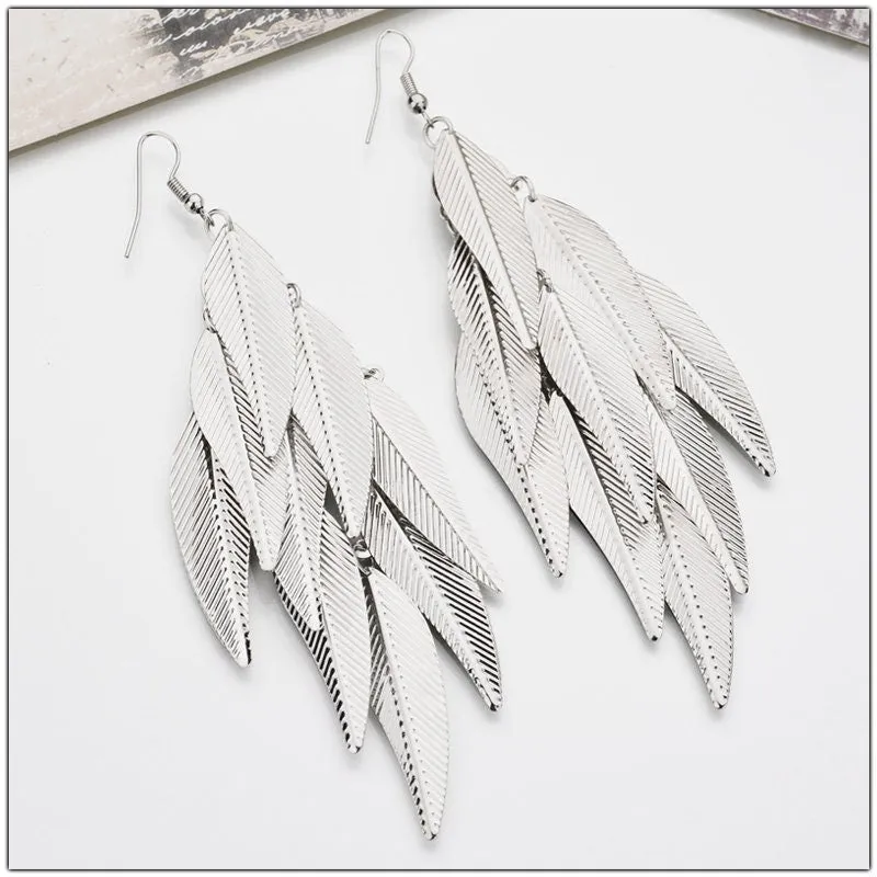 Oversized Gold Feather Tassel Earrings, Chandelier Dangle Bohemian Fashion Statement Layered Earrings