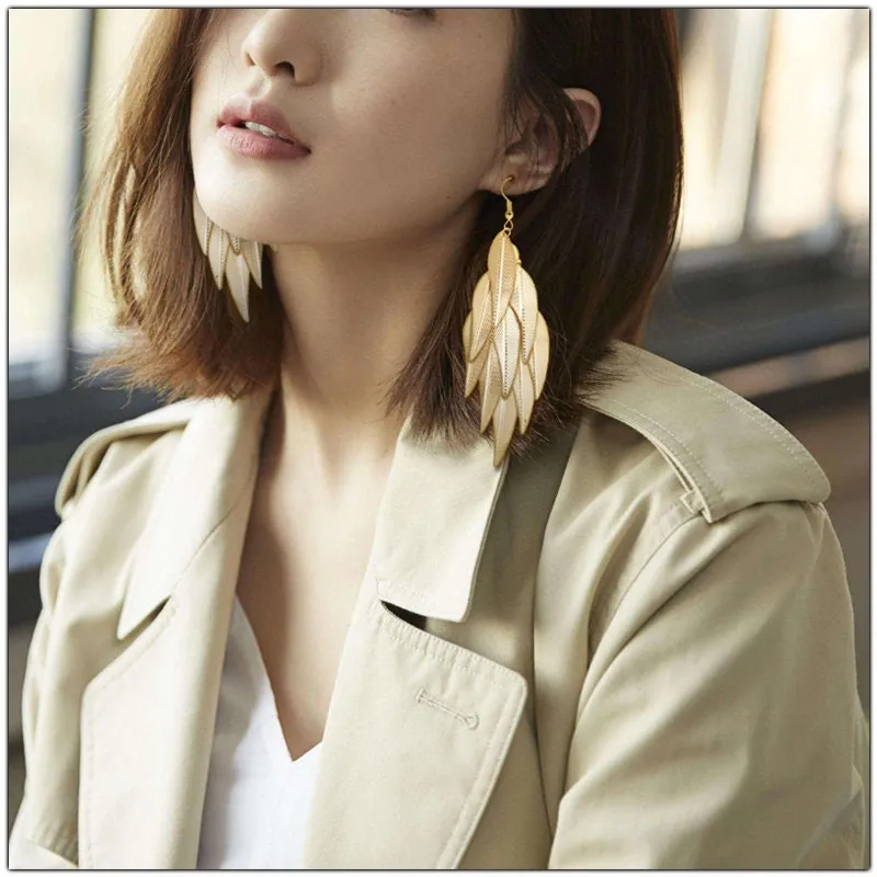 Oversized Gold Feather Tassel Earrings, Chandelier Dangle Bohemian Fashion Statement Layered Earrings