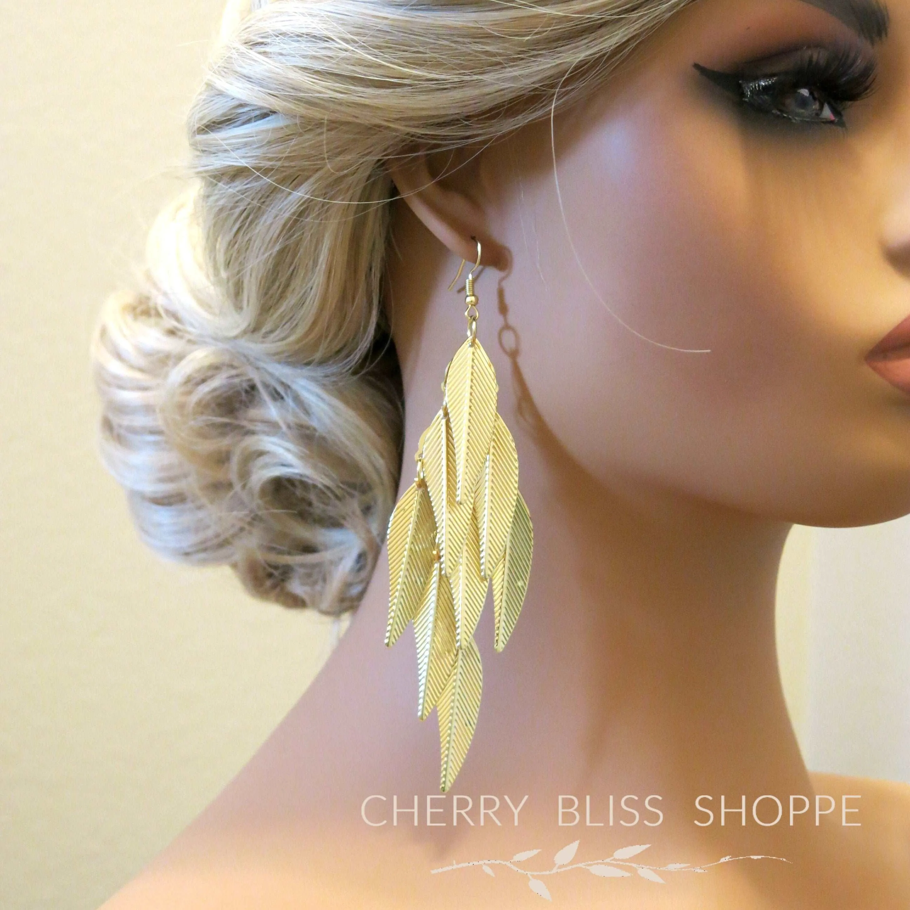 Oversized Gold Feather Tassel Earrings, Chandelier Dangle Bohemian Fashion Statement Layered Earrings