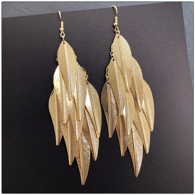 Oversized Gold Feather Tassel Earrings, Chandelier Dangle Bohemian Fashion Statement Layered Earrings