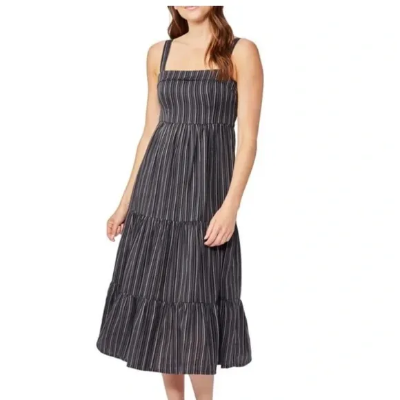 PAIGE Santibel Stripe Tiered Midi Dress Size Large Cotton Linen