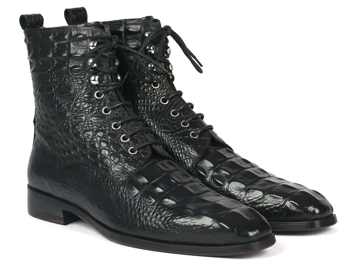 Paul Parkman Black Croco Lace-Up Boots