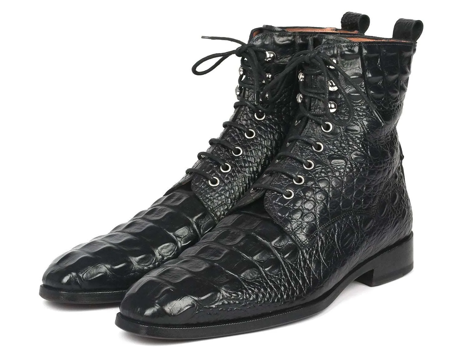 Paul Parkman Black Croco Lace-Up Boots