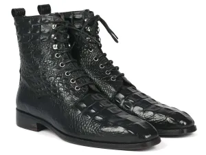 Paul Parkman Black Croco Lace-Up Boots