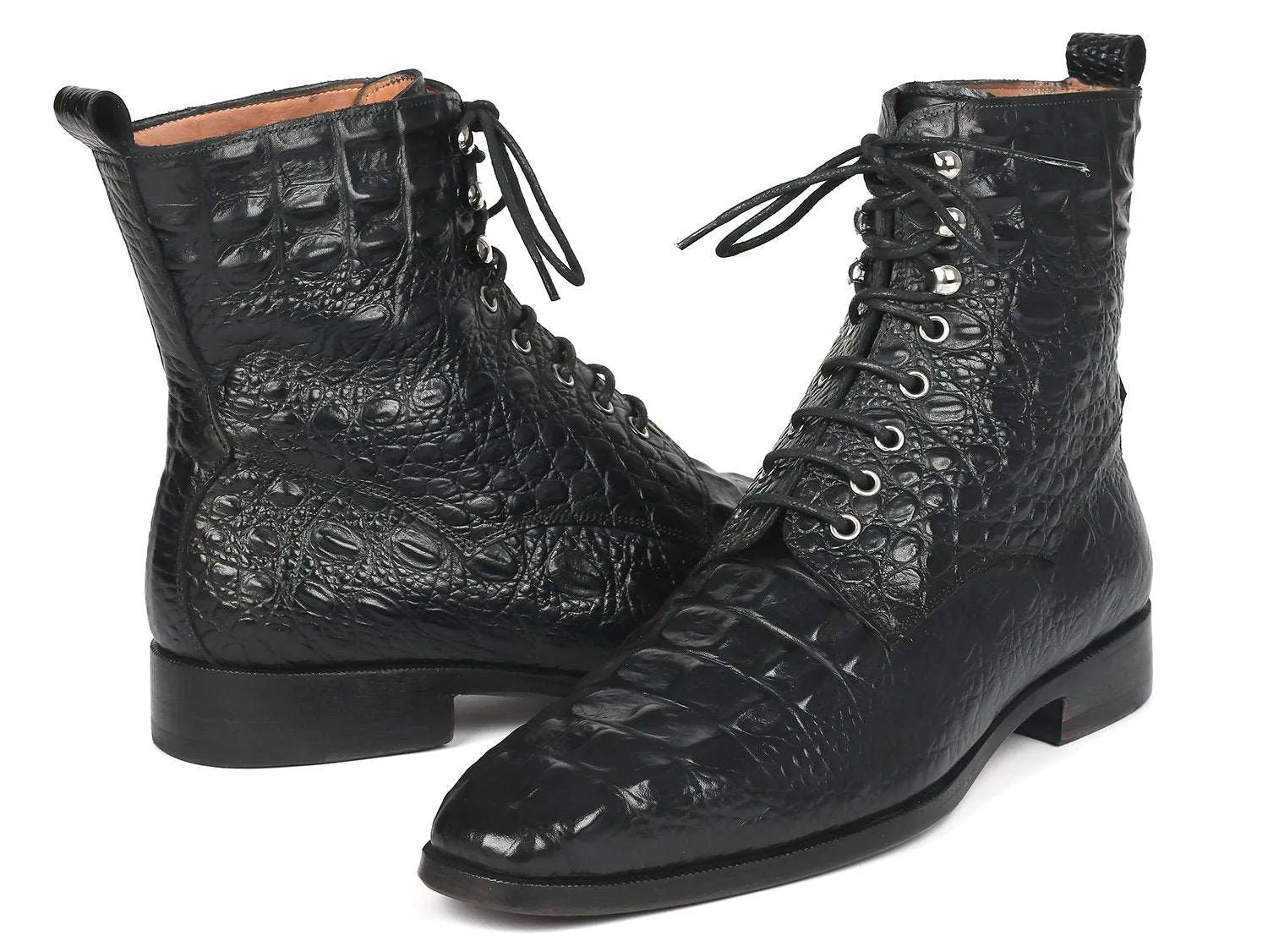 Paul Parkman Black Croco Lace-Up Boots