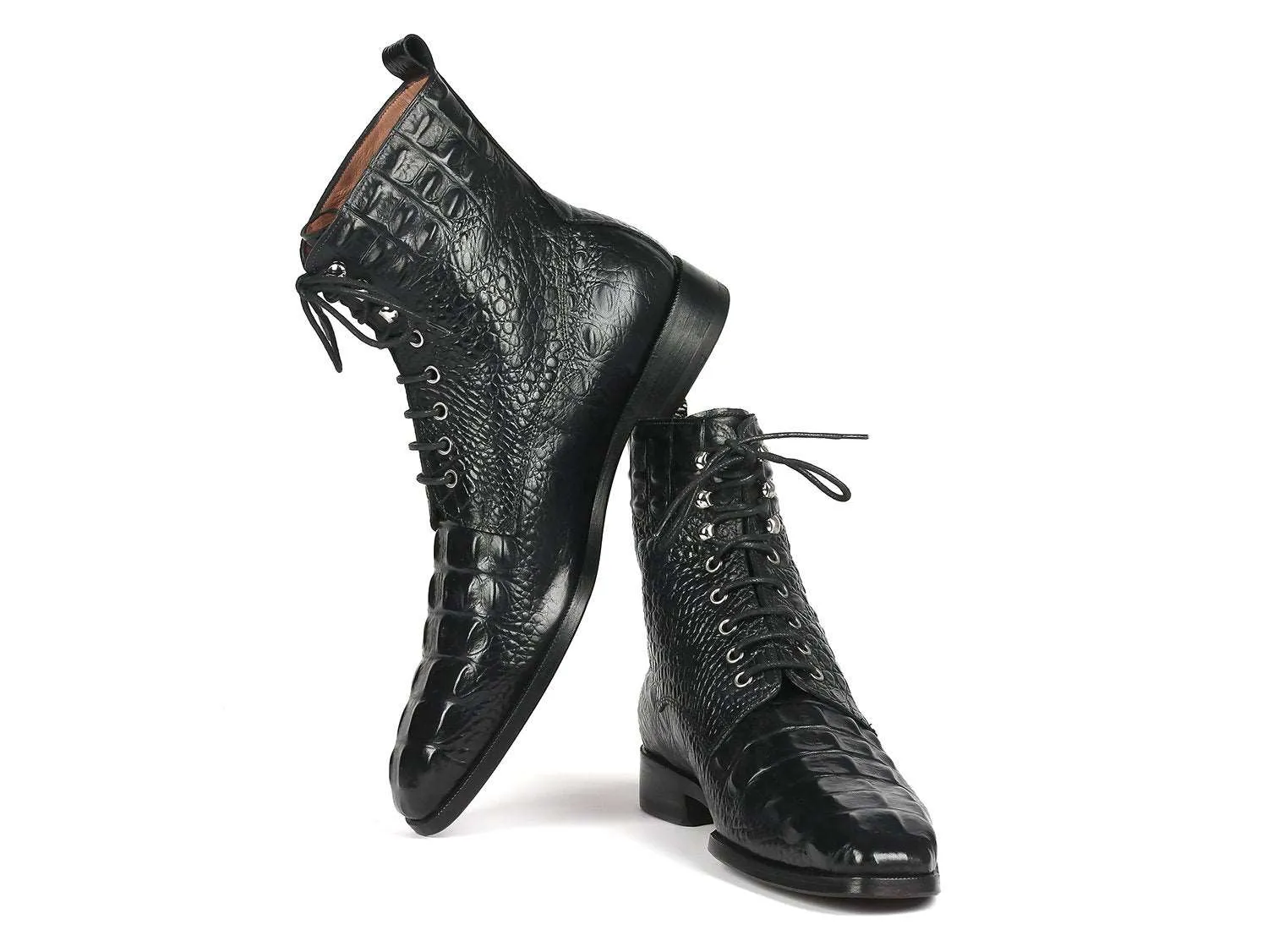 Paul Parkman Black Croco Lace-Up Boots