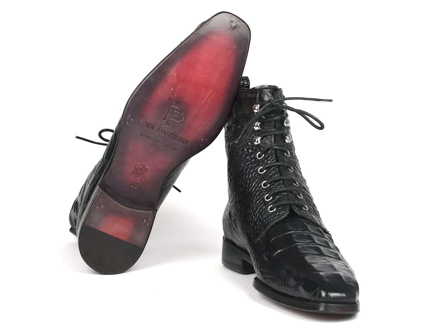 Paul Parkman Black Croco Lace-Up Boots
