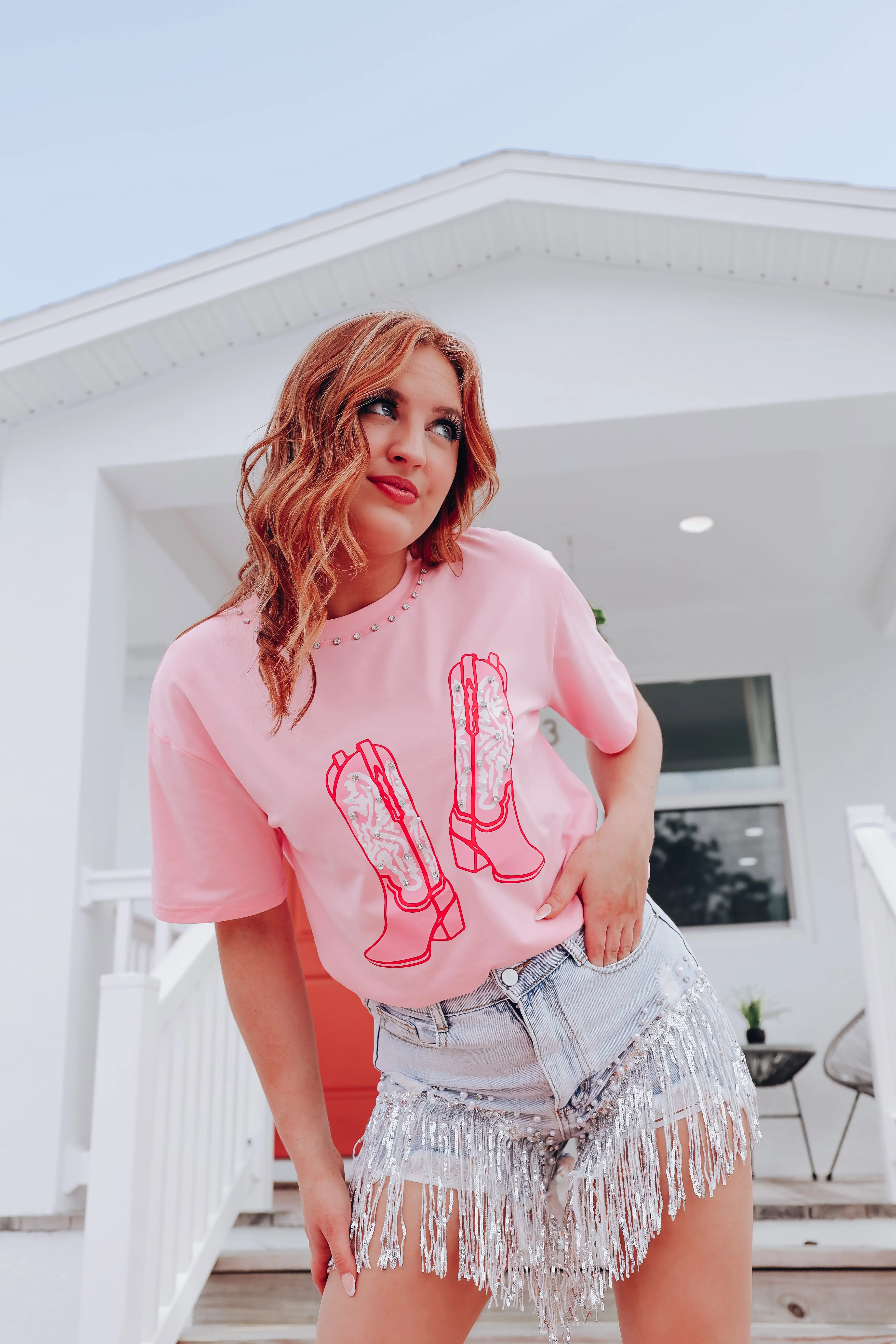 Pearls, Boots, & Bling Graphic Tee - Pink