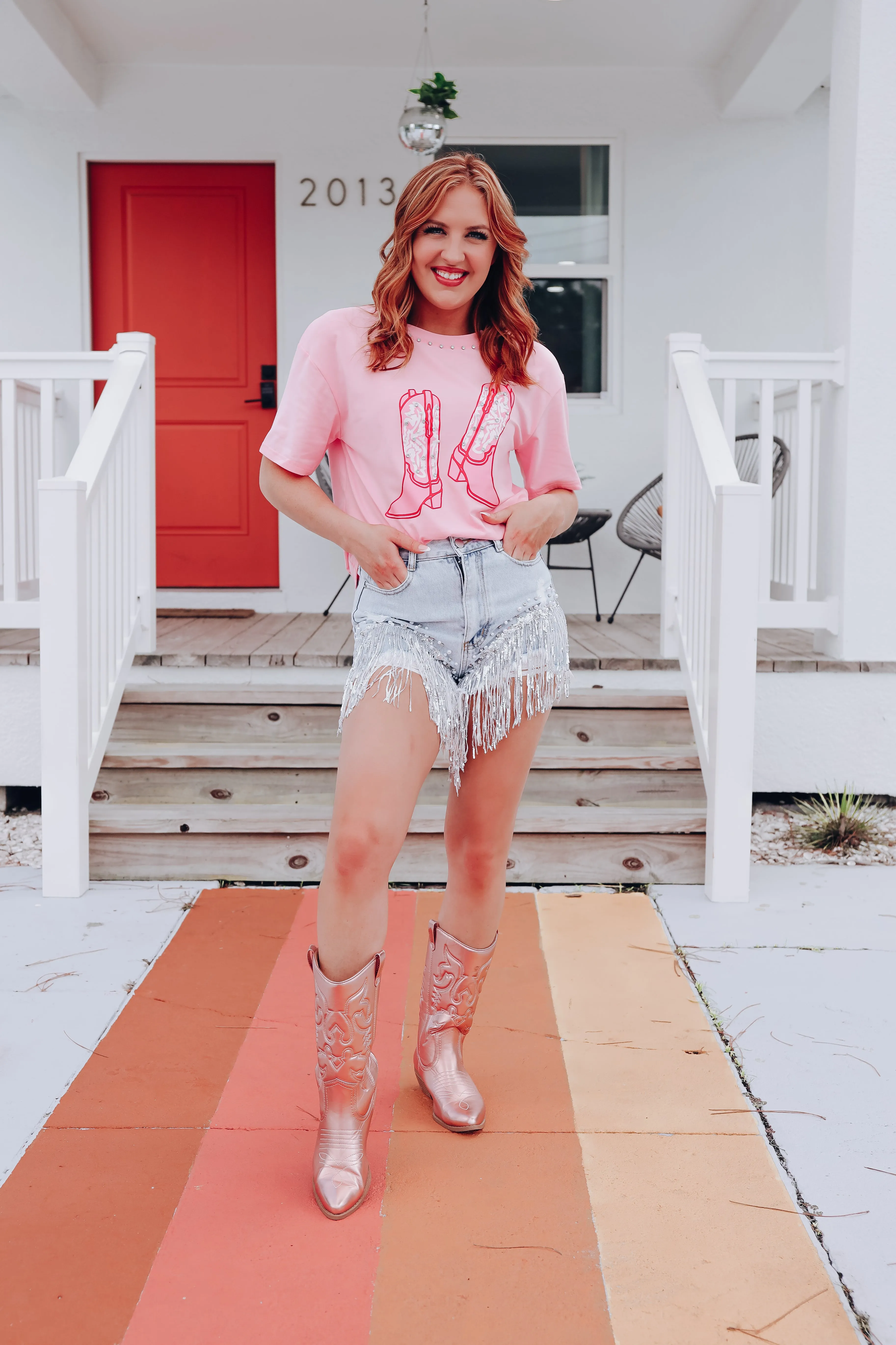 Pearls, Boots, & Bling Graphic Tee - Pink
