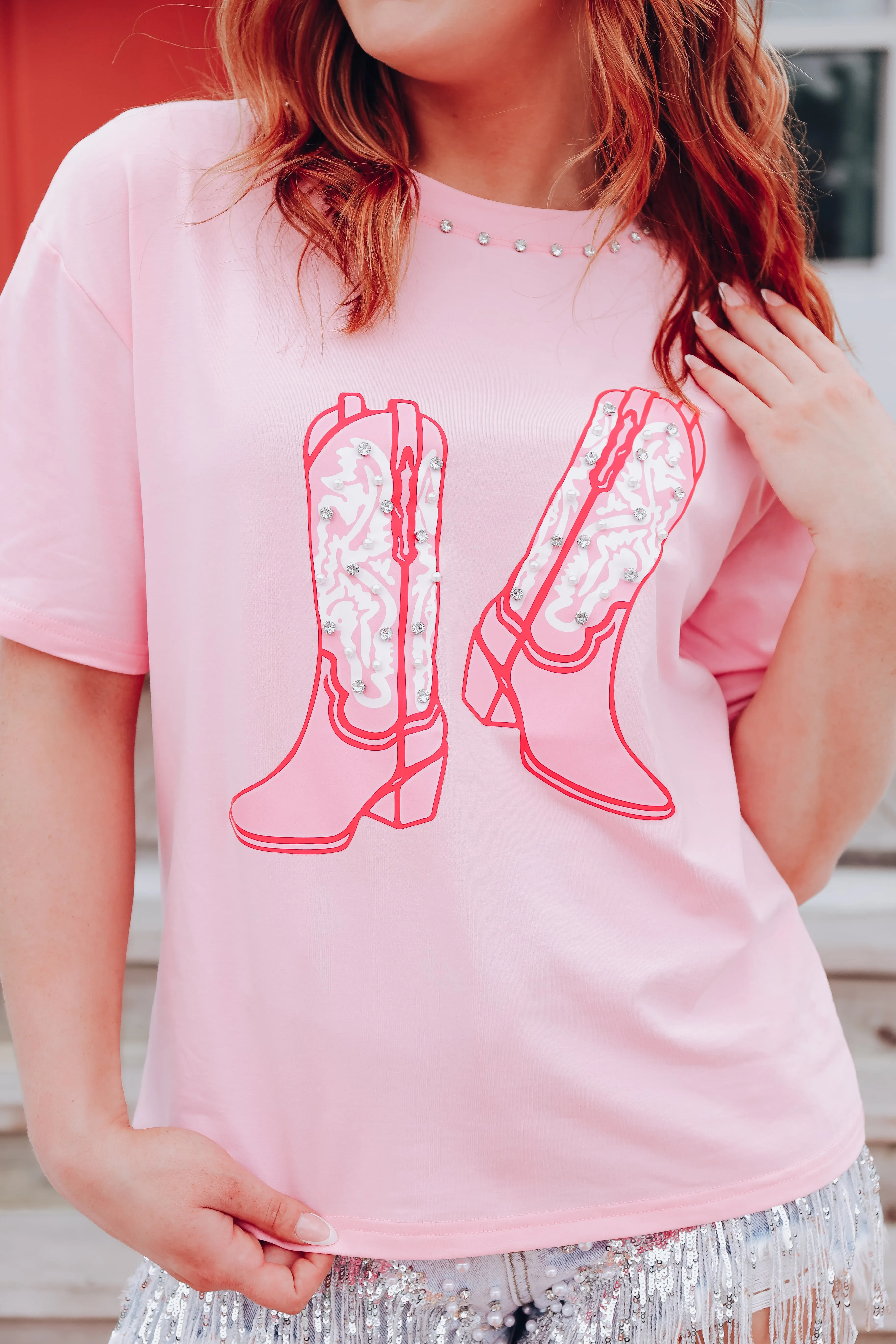Pearls, Boots, & Bling Graphic Tee - Pink