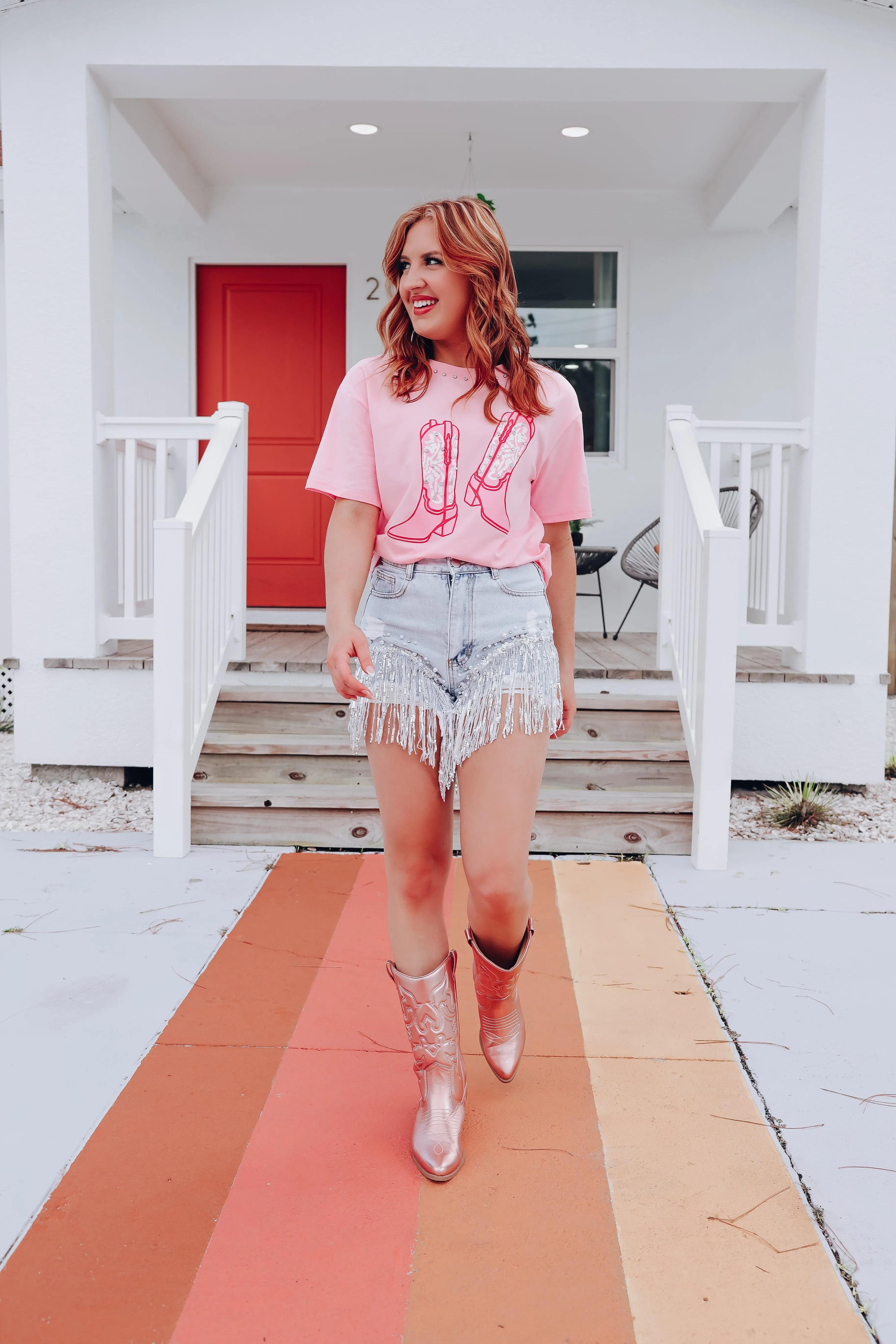 Pearls, Boots, & Bling Graphic Tee - Pink