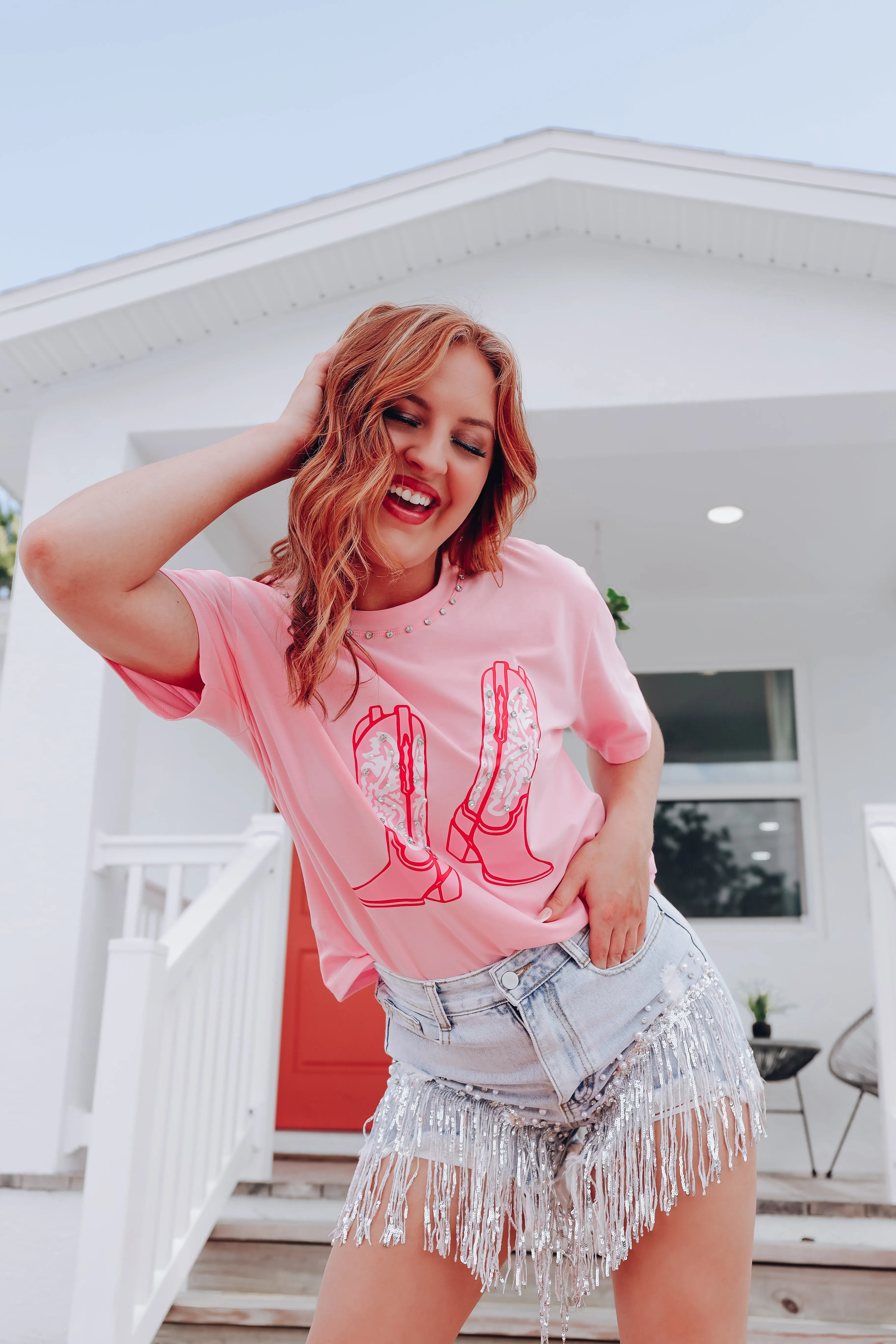 Pearls, Boots, & Bling Graphic Tee - Pink
