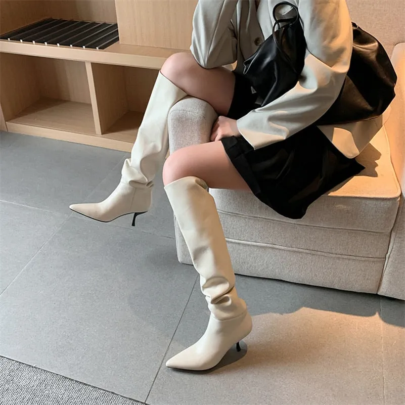 Pleated Real Leather High Heel Long Boots Women Shoes Pointed Toe Stiletto Heels Knee-High Boots Autumn Winter Beige 43
