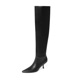 Pleated Real Leather High Heel Long Boots Women Shoes Pointed Toe Stiletto Heels Knee-High Boots Autumn Winter Beige 43