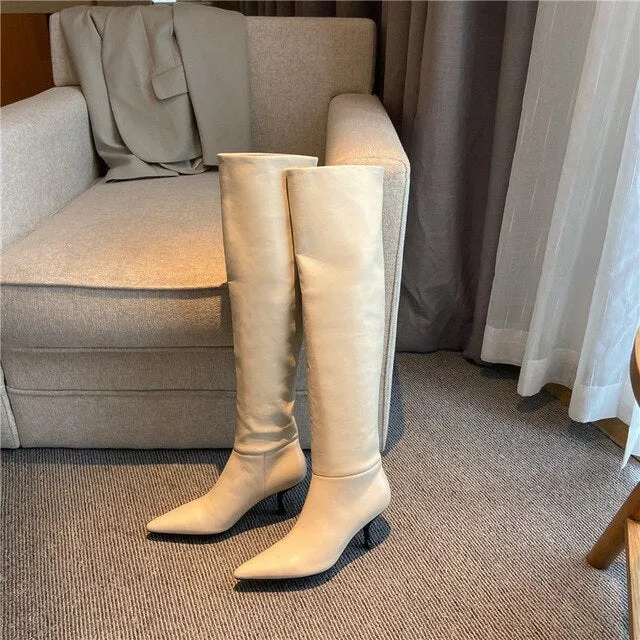 Pleated Real Leather High Heel Long Boots Women Shoes Pointed Toe Stiletto Heels Knee-High Boots Autumn Winter Beige 43