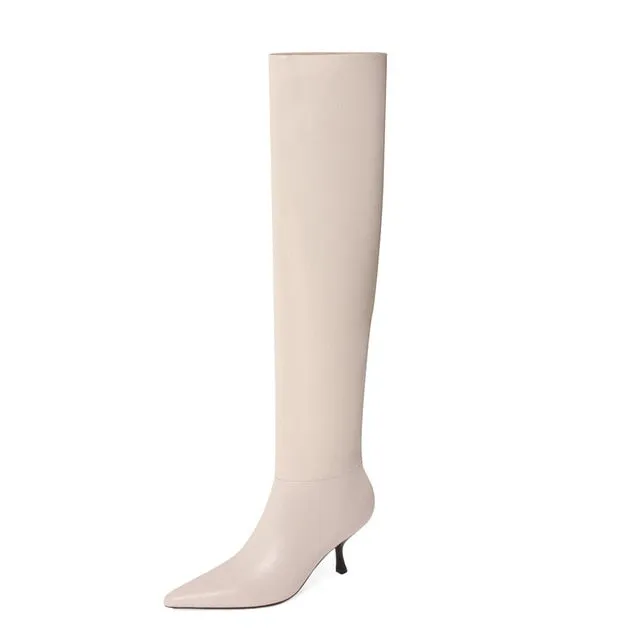 Pleated Real Leather High Heel Long Boots Women Shoes Pointed Toe Stiletto Heels Knee-High Boots Autumn Winter Beige 43