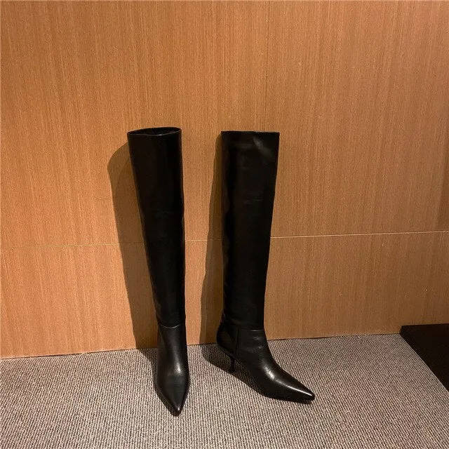 Pleated Real Leather High Heel Long Boots Women Shoes Pointed Toe Stiletto Heels Knee-High Boots Autumn Winter Beige 43