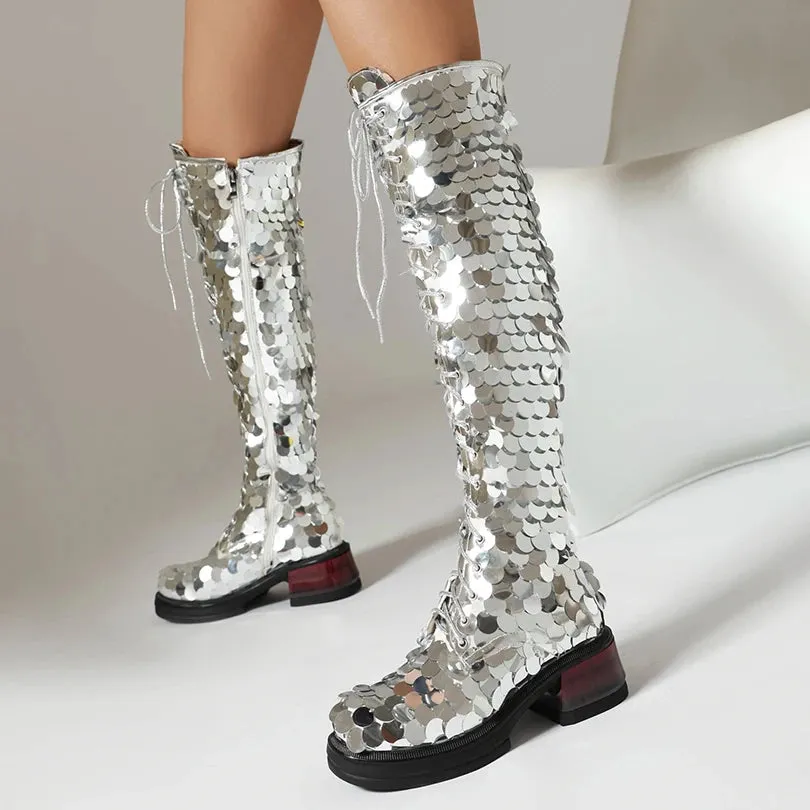 Plus Size Circular Sequins Cover Over The Knee Boots