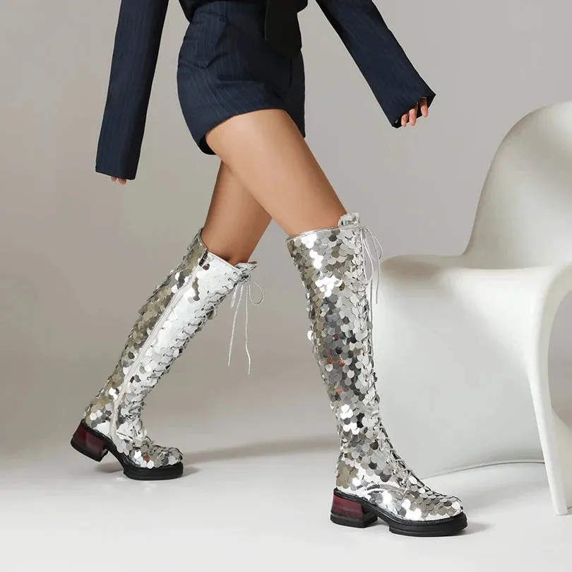 Plus Size Circular Sequins Cover Over The Knee Boots