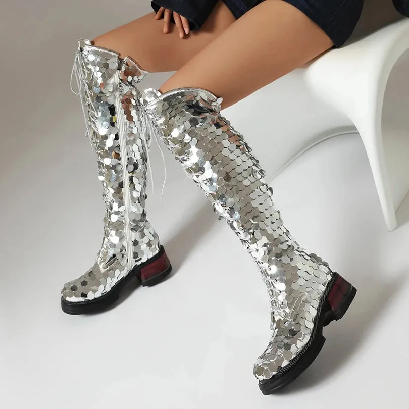 Plus Size Circular Sequins Cover Over The Knee Boots