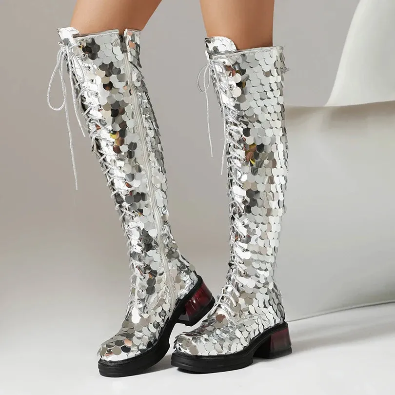 Plus Size Circular Sequins Cover Over The Knee Boots