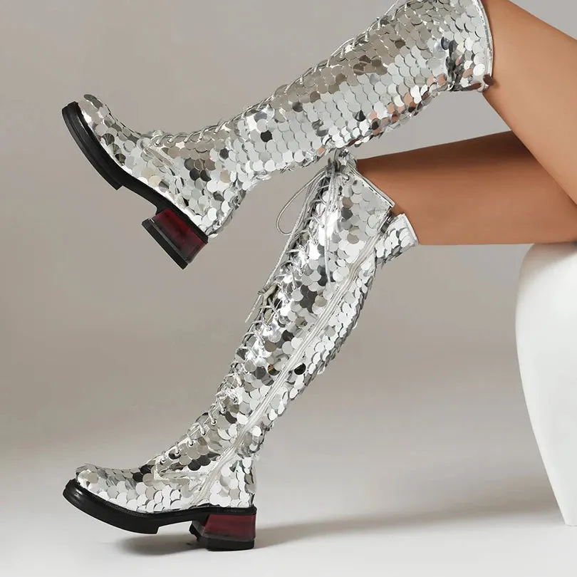Plus Size Circular Sequins Cover Over The Knee Boots