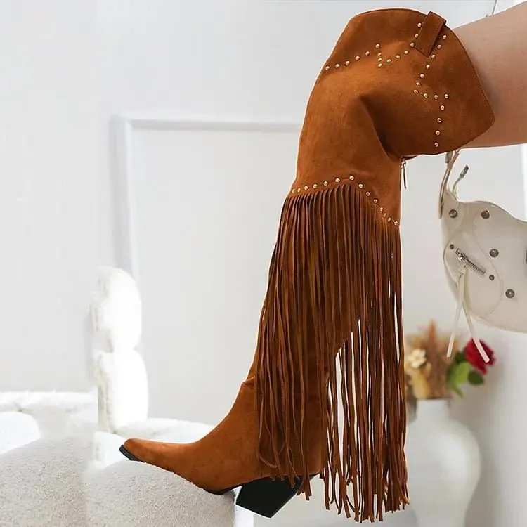 Pointed Toe Tassel Thigh High Boots Classic Block Heel Studded Cowboy