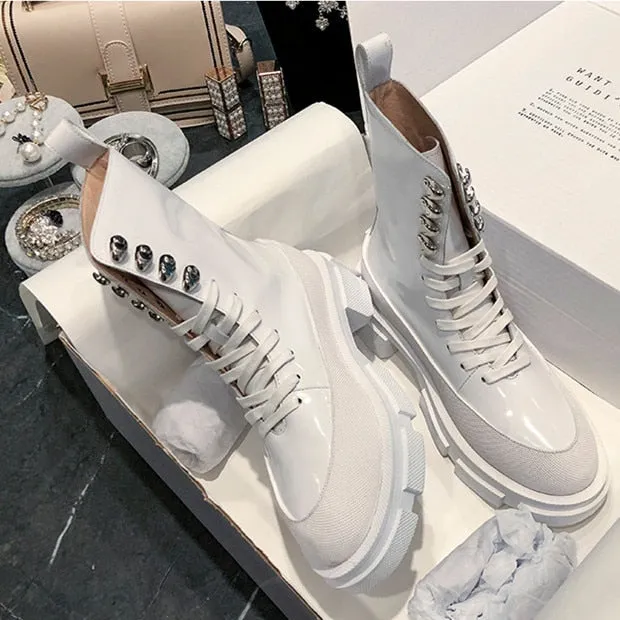 Popular Designer INS Fashion Boots Women White Cow Leather Motorcycle Boots Chunky Sole Mid-calf Long Boots