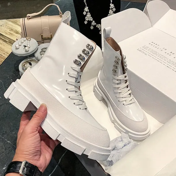 Popular Designer INS Fashion Boots Women White Cow Leather Motorcycle Boots Chunky Sole Mid-calf Long Boots
