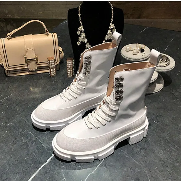 Popular Designer INS Fashion Boots Women White Cow Leather Motorcycle Boots Chunky Sole Mid-calf Long Boots