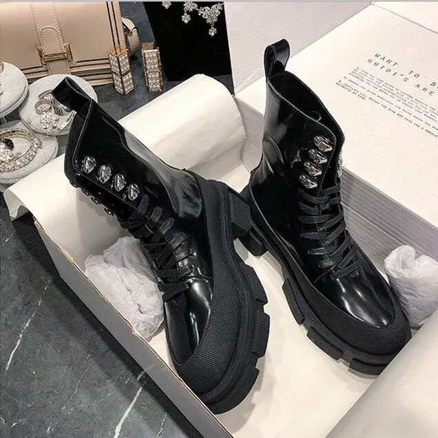 Popular Designer INS Fashion Boots Women White Cow Leather Motorcycle Boots Chunky Sole Mid-calf Long Boots