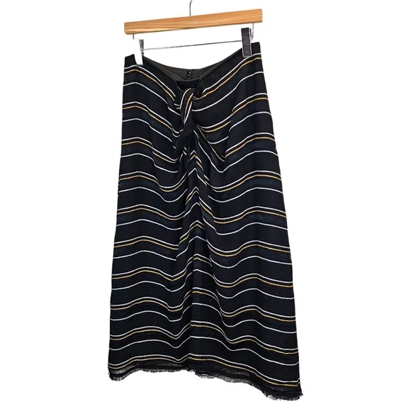 Proenza Schouler Striped Midi Length Skirt Size 6 Black Gold Tie Front Career