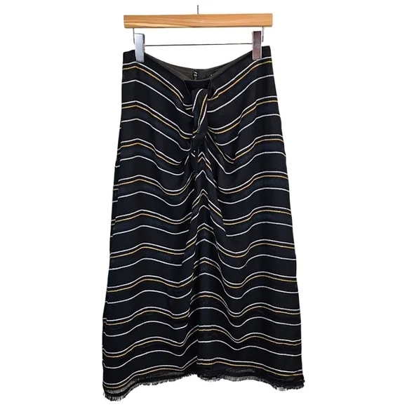 Proenza Schouler Striped Midi Length Skirt Size 6 Black Gold Tie Front Career