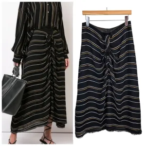 Proenza Schouler Striped Midi Length Skirt Size 6 Black Gold Tie Front Career