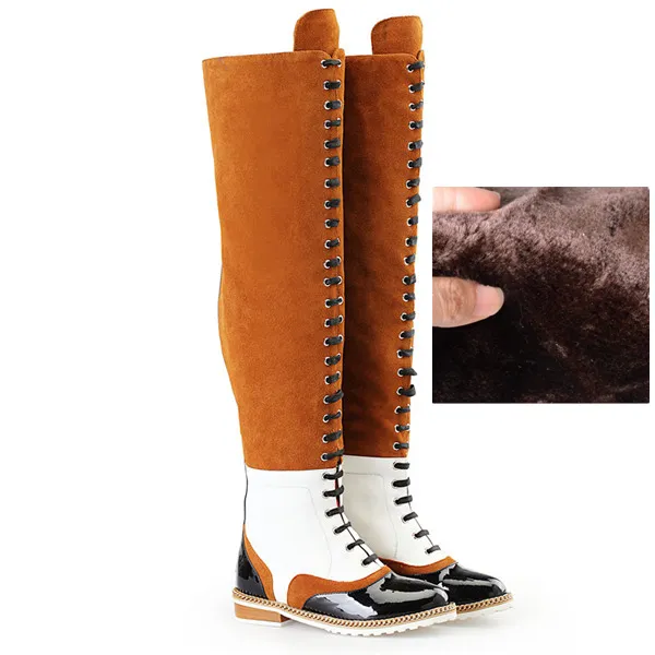 Retro Over The Knee Boots Women Genuine Leather Suede Long Boots Chain Cross-tied Flat Heel Boots Woman