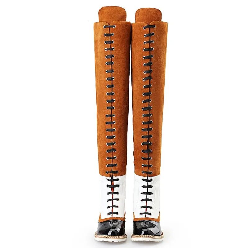 Retro Over The Knee Boots Women Genuine Leather Suede Long Boots Chain Cross-tied Flat Heel Boots Woman