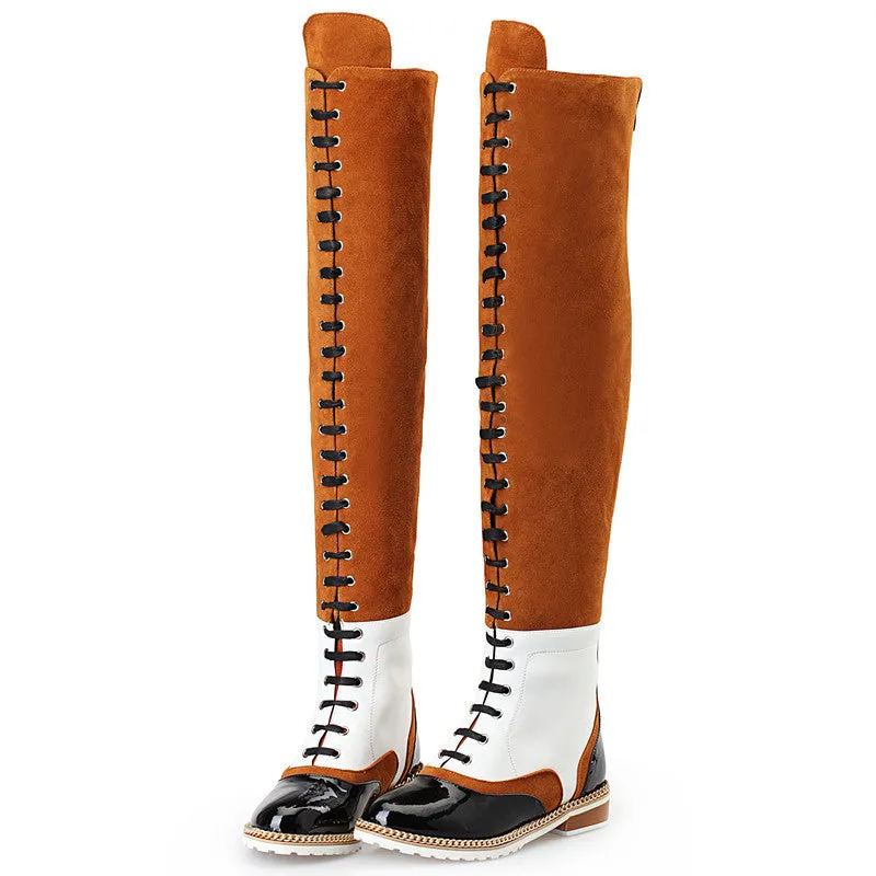 Retro Over The Knee Boots Women Genuine Leather Suede Long Boots Chain Cross-tied Flat Heel Boots Woman