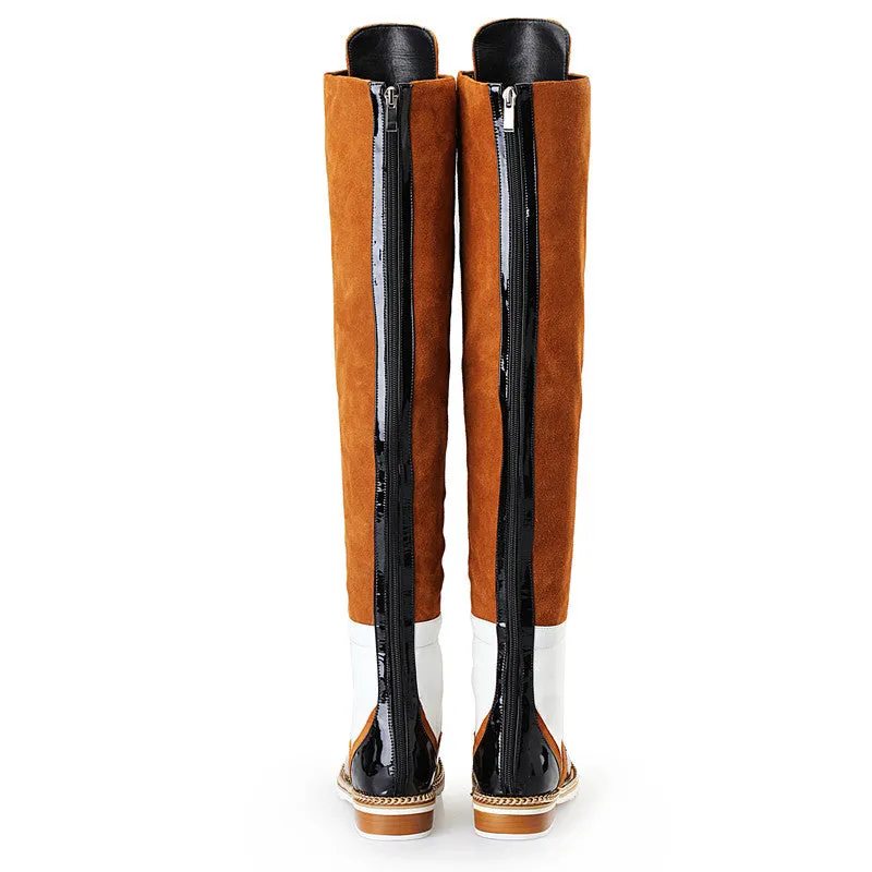 Retro Over The Knee Boots Women Genuine Leather Suede Long Boots Chain Cross-tied Flat Heel Boots Woman