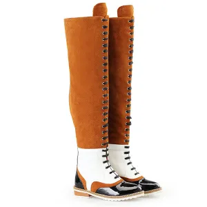 Retro Over The Knee Boots Women Genuine Leather Suede Long Boots Chain Cross-tied Flat Heel Boots Woman