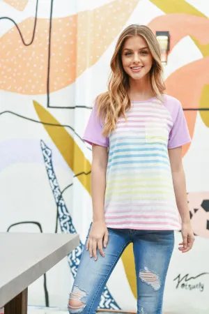 Rib Raglan Sleeve Ombre Stripes Pocket Top