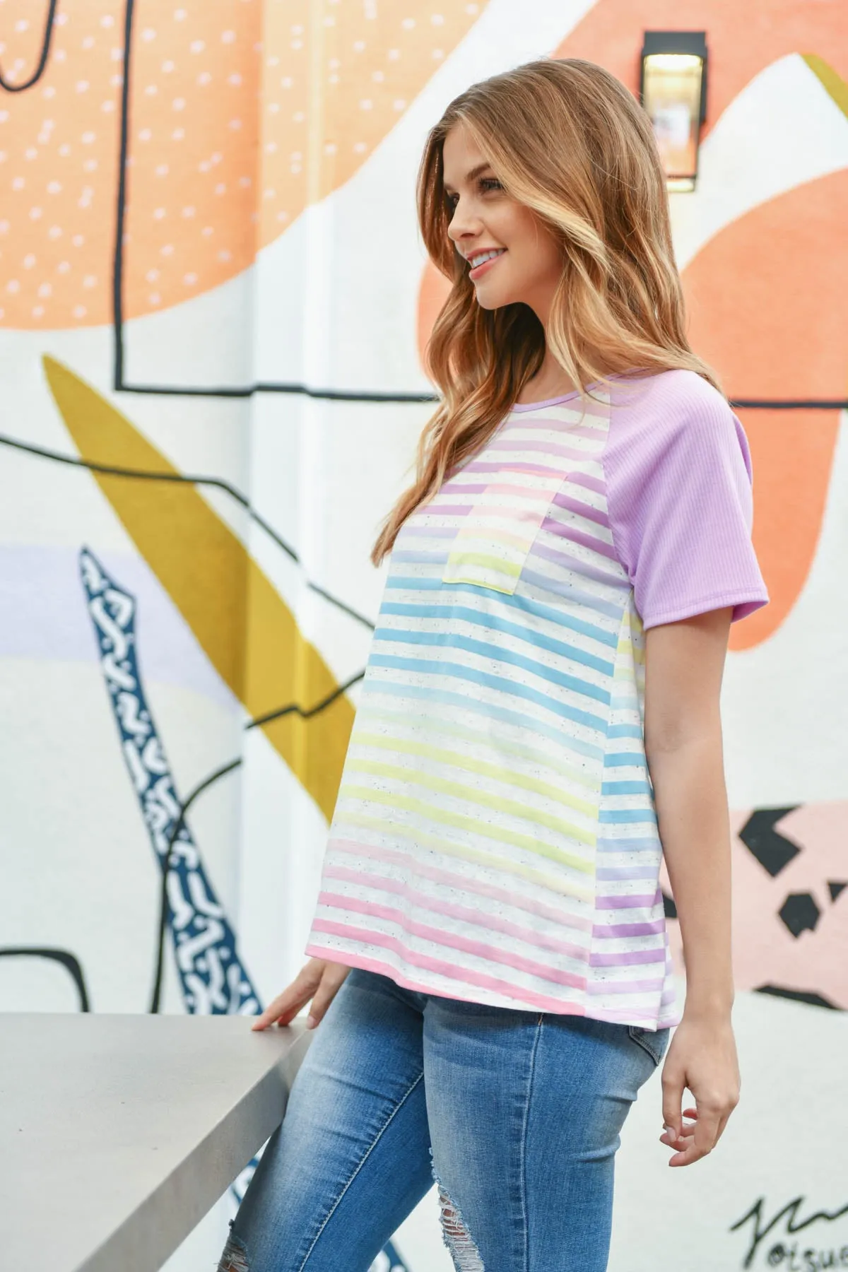 Rib Raglan Sleeve Ombre Stripes Pocket Top
