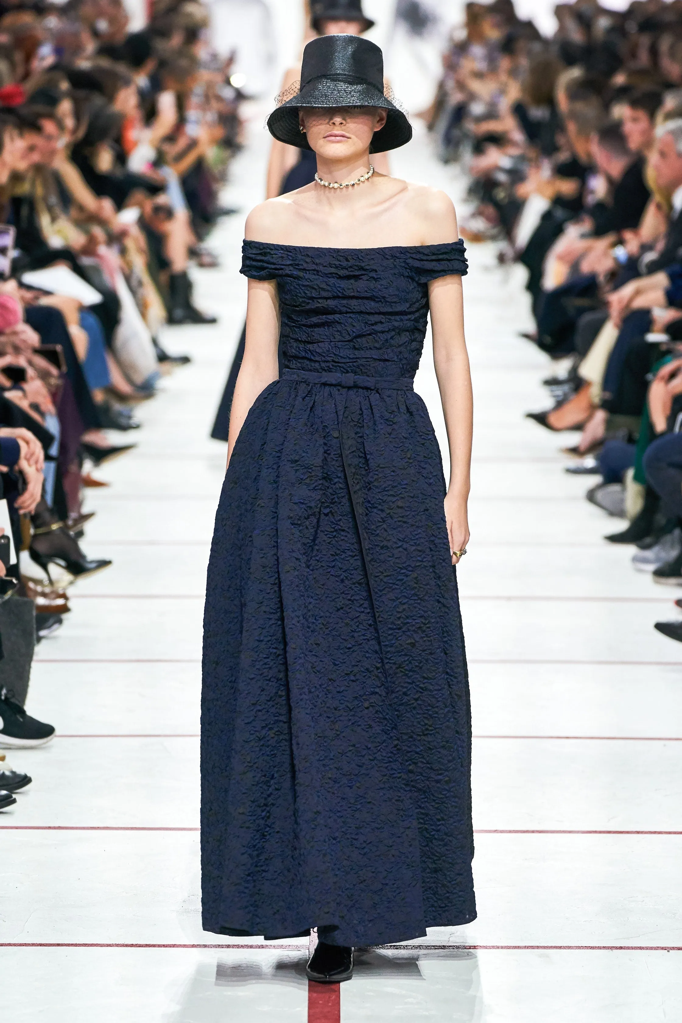 Runway Fall 2019 Christian Dior by Maria Grazia Chiuri Deep Blue & Black Off Shoulder Dress