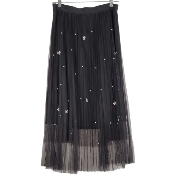 Sadie &amp; Love Tulle Tutu Balletcore Pleated Skirt Black Sheer Pearls Large