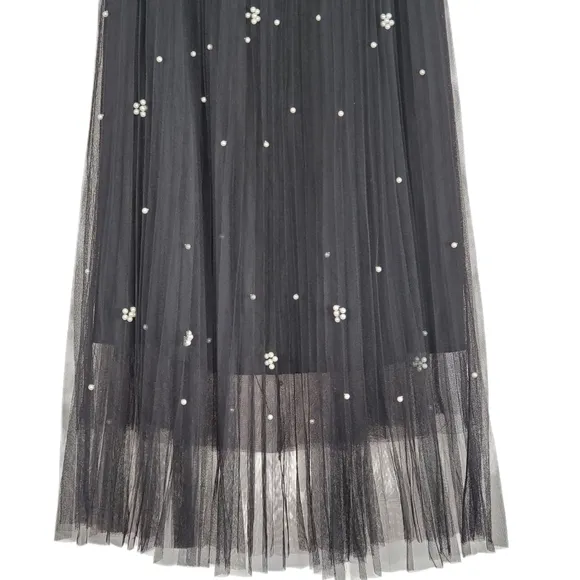 Sadie &amp; Love Tulle Tutu Balletcore Pleated Skirt Black Sheer Pearls Large