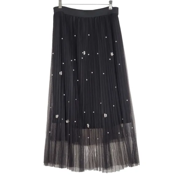 Sadie &amp; Love Tulle Tutu Balletcore Pleated Skirt Black Sheer Pearls Large