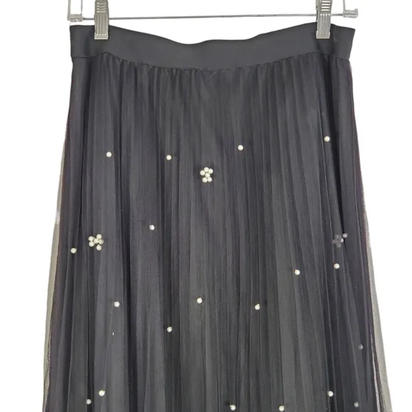 Sadie &amp; Love Tulle Tutu Balletcore Pleated Skirt Black Sheer Pearls Large