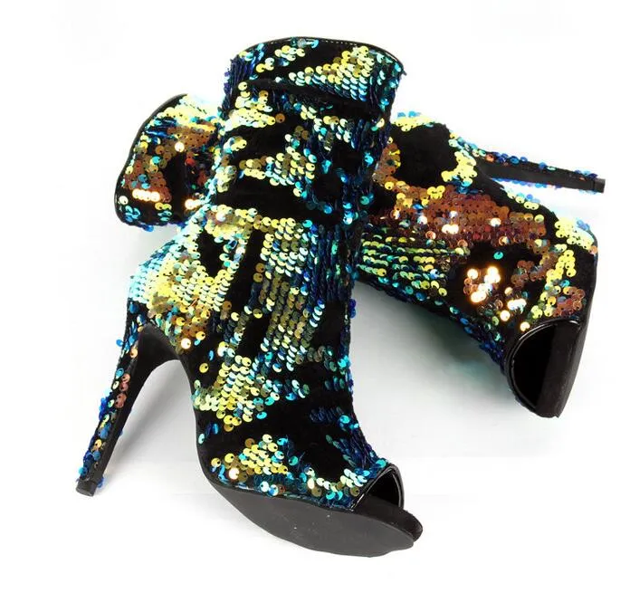 Sexy Colorful Sequins Peep Toe Socks Boots Shoes Side Zipper Bling Bling Paillette Stiletto Boots Real Photo Ankle Bootie