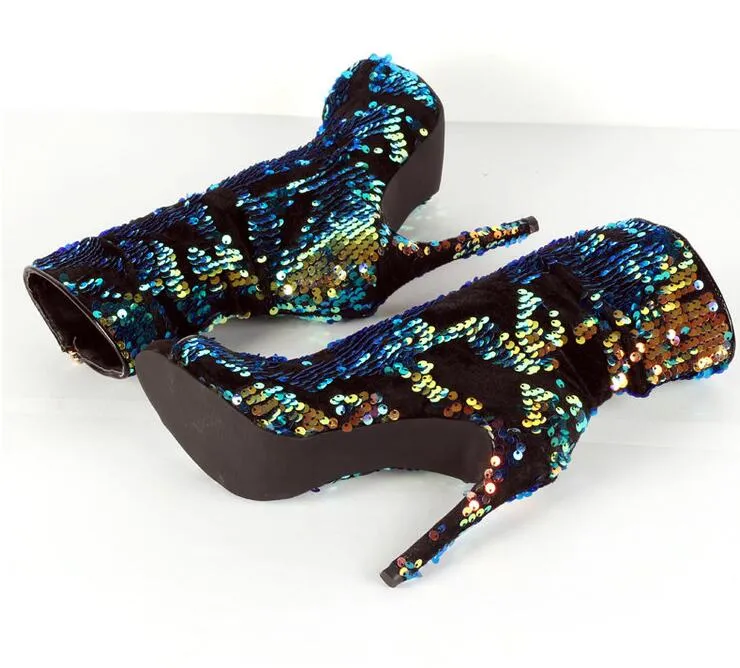 Sexy Colorful Sequins Peep Toe Socks Boots Shoes Side Zipper Bling Bling Paillette Stiletto Boots Real Photo Ankle Bootie